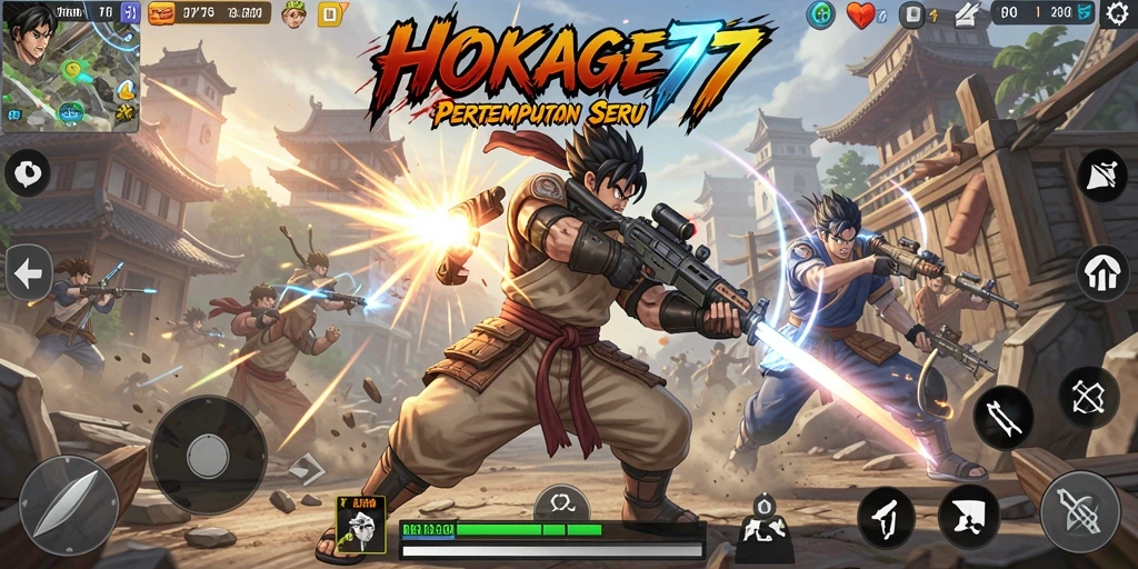 Tampilan gameplay seru HOKAGE77 dengan pertempuran yang intens.