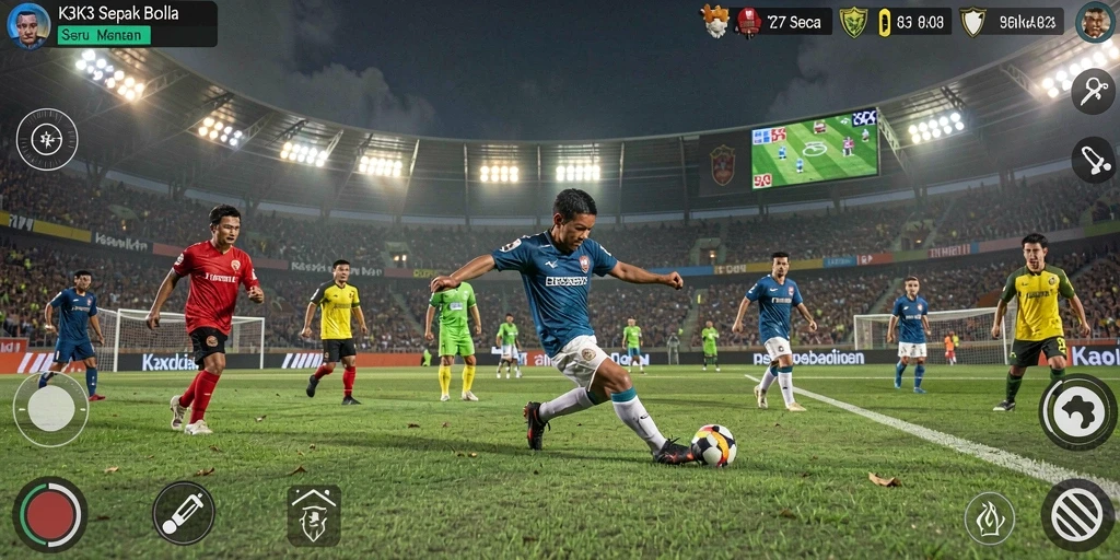 Screenshot gameplay K3K3 yang menunjukkan aksi seru di lapangan sepak bola.