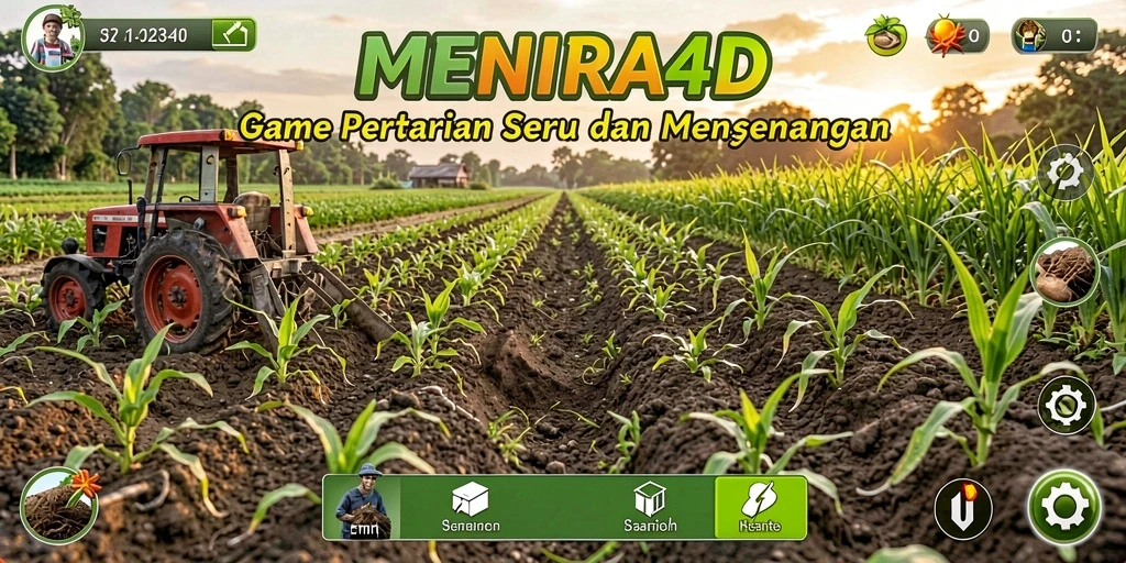Tampilan gameplay MENARA4D dengan ladang yang subur dan beragam tanaman.
