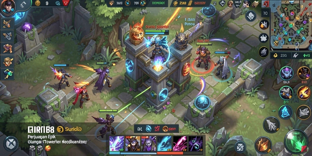 Screenshot gameplay MLBB8 menampilkan menara yang siap bertahan dari serangan musuh.