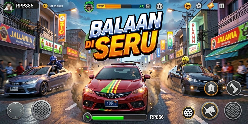 Tampilan gameplay seru dari RP886 yang menampilkan aksi balapan penuh adrenalin.