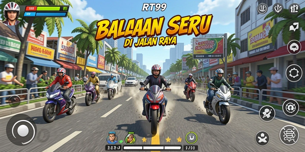 Tampilan intens gameplay balapan di RT99 dengan mobil cepat.