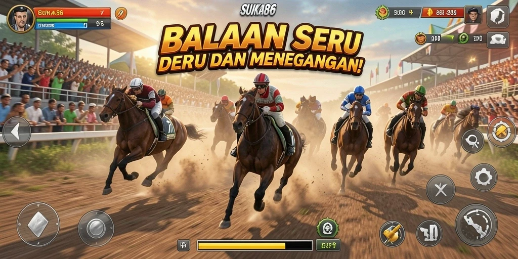 Tangkapan layar gameplay SUKA86 yang menampilkan balapan yang mendebarkan.